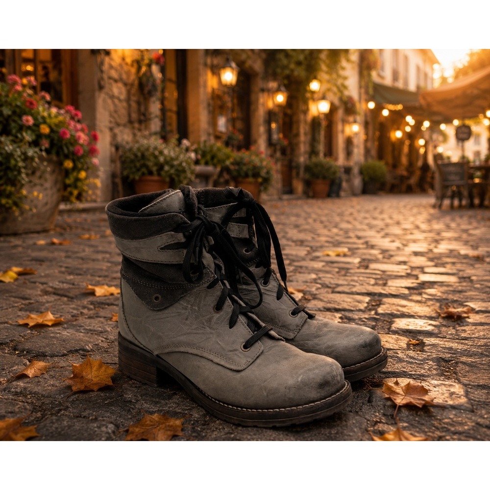 Dromedaris Kara Grey Leather Suede Trim Combat Ankle Boots Womens 41 Portugal